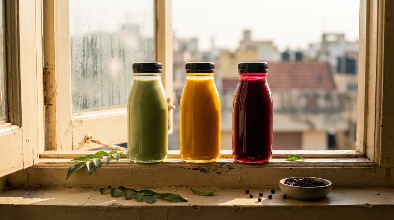 Three cold-pressed juice bottles backlit by morning light
