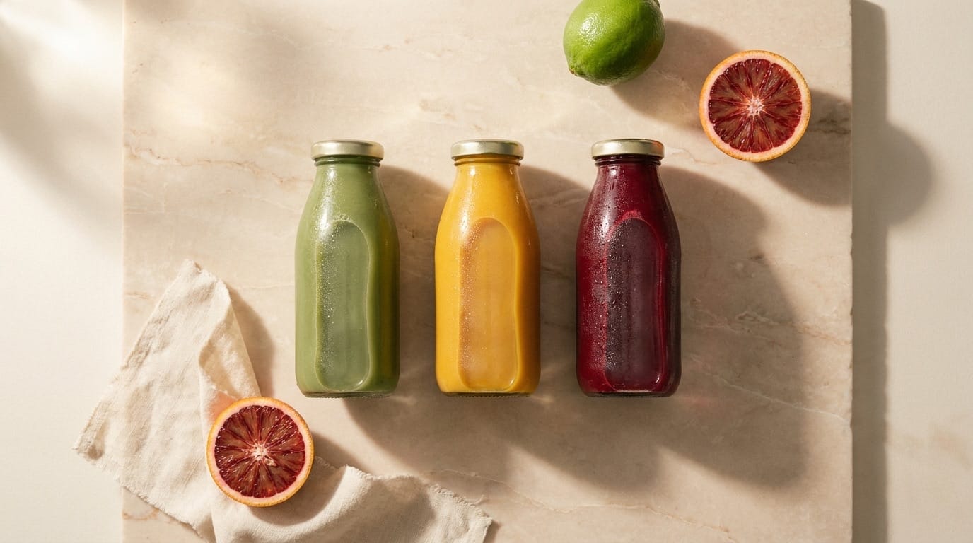 Cold-pressed juice bottles in morning light