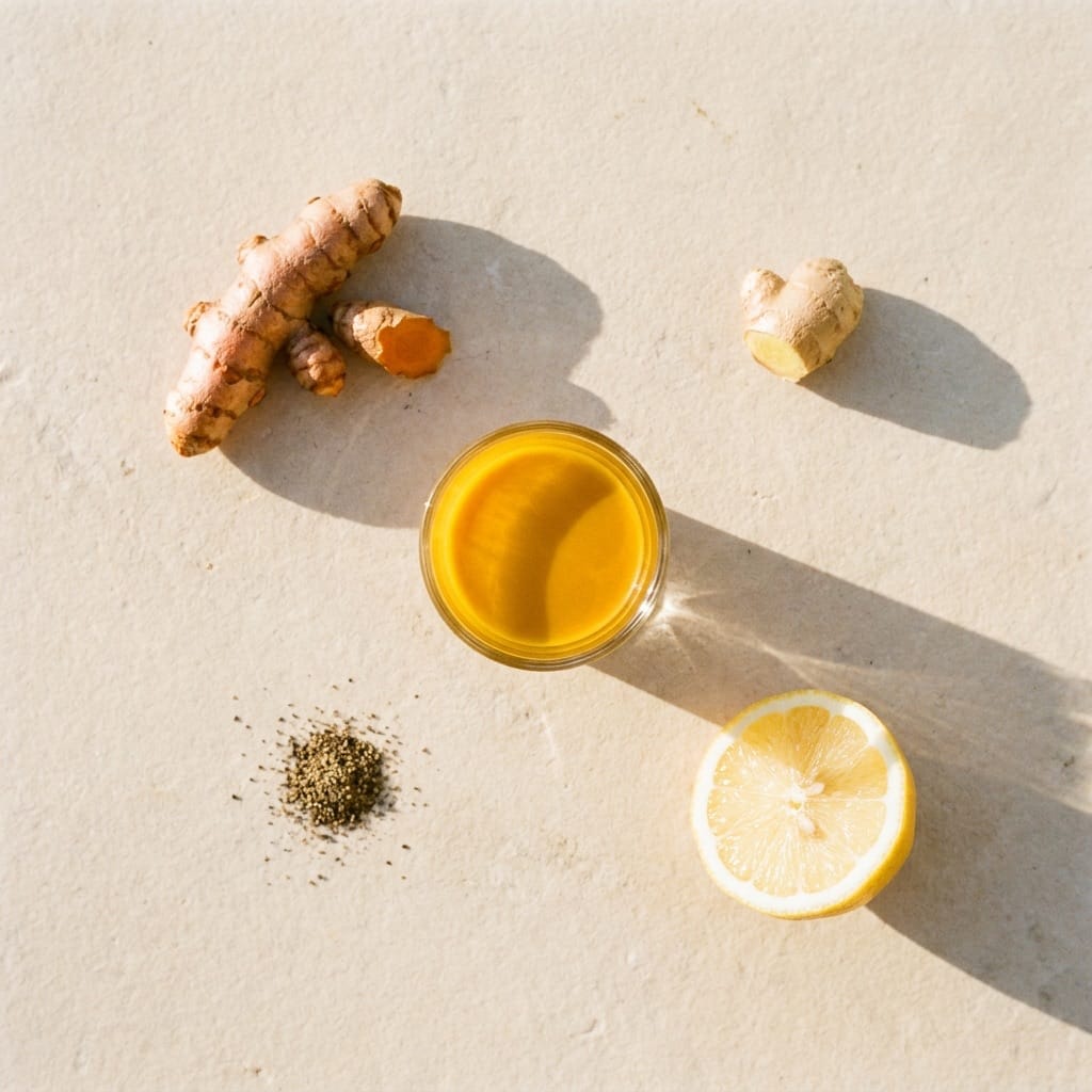 Turmeric ginger fermented shot on limestone